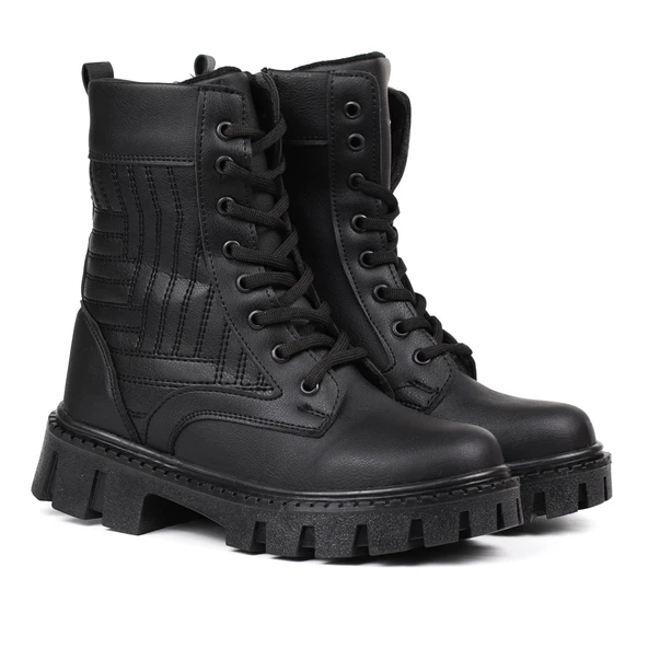 Kadın Siyah Postal Bot – Kalın Taban Fermuarlı Bağcıklı Rahat Günlük Şık ve Dayanıklı - Resim 6