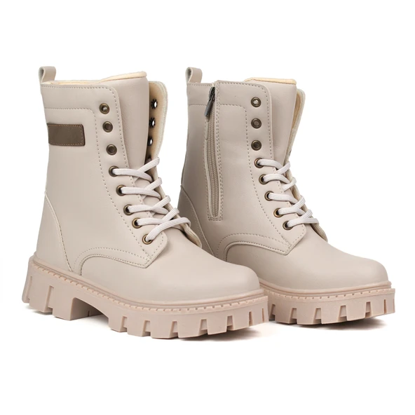 Kadın Bej Postal Bot – Kalın Taban Fermuarlı Bağcıklı Rahat Günlük Şık ve Dayanıklı ürün görseli 1
