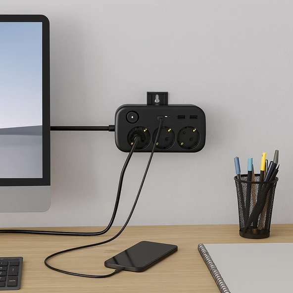 3’lü Akım Korumalı Priz 2 USB VE 2 Type-C Girişli Anahtarlı ve Duvara Monte Edilebilir Uzatma Kablosu Siyah - 6