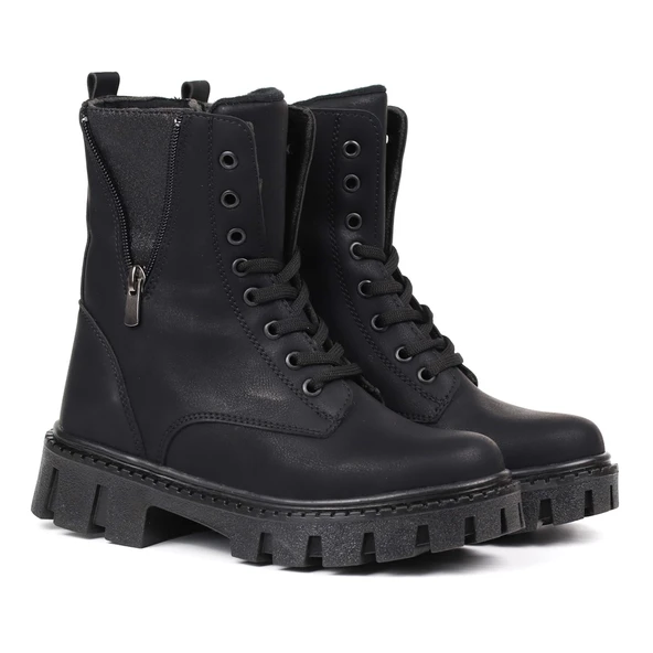 Kadın Siyah Nubuk Fermuar Detaylı Postal Bot – Kalın Taban Fermuarlı Bağcıklı Rahat Günlük Şık ve Dayanıklı - Resim 2