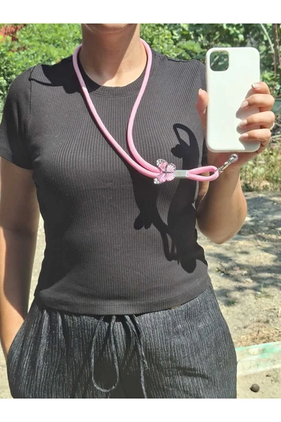 TÜM KILIFLARA UYUMLU PEMBE KELEBEK TELEFON BOYUN ASKISI - Resim 2