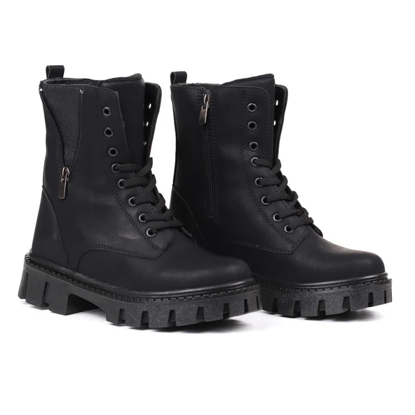 Kadın Siyah Nubuk Fermuar Detaylı Postal Bot – Kalın Taban Fermuarlı Bağcıklı Rahat Günlük Şık ve Dayanıklı ürün görseli 1
