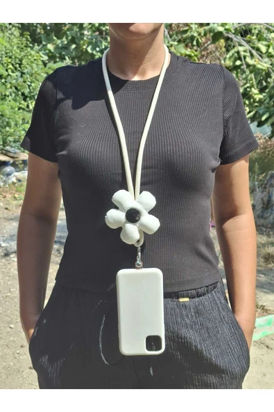 TÜM KILIFLARA UYUMLU EKRU ÇİÇEKLİ TELEFON BOYUN ASKISI ürün görseli