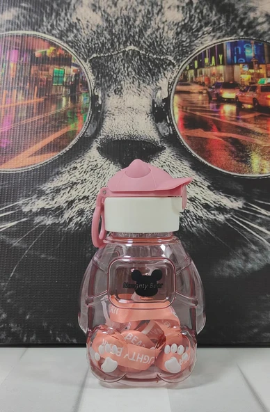 Ayıcıklı Matara Şeffaf Suluk, Okul, Ofis, Seyahat PEMBE RENK - 2