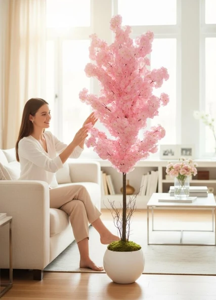 Yapay Ağaç Japon Kiraz Çiçeği Bahardalı Ağacı Beyaz Küre Saksıda Pembe Koyu Renkli 160cm - Resim 7