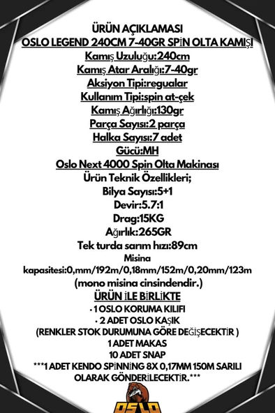 Oslo Next 4000 Oslo Legend 240cm 7-40gr 8X Spin Olta Seti - Resim 2