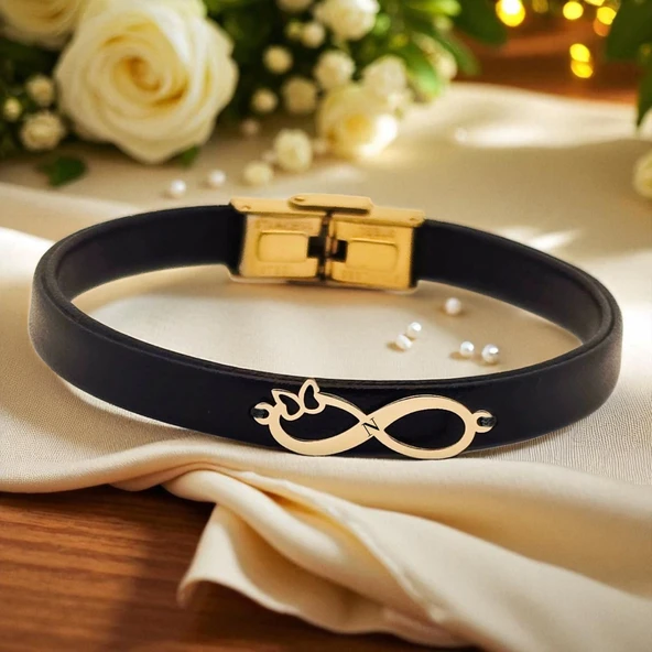 14 Ayar Altın Plakalı Harfe Özel Doğal Siyah Derili Sonsuzluk ve Kelebek Motifli Hediye Bileklik-562 ürün görseli