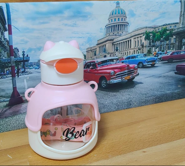 ŞAPKALI ŞEFFAF MATARA SULUK PEMBE RENK - 2