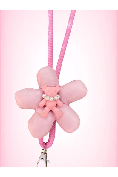 Tüm Kılıflara Uyumlu Pembe Pofuduk Ayıcık Figürlü Boyun Telefon Askısı - Resim 3