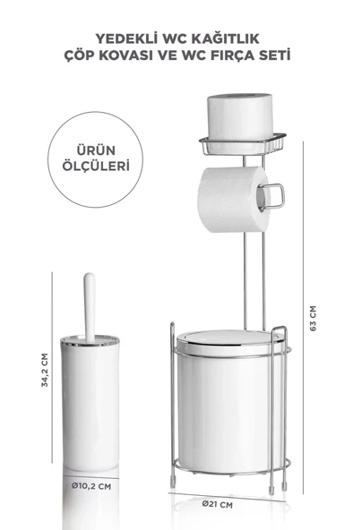 Okyanus Home Krom Yedekli Wc Kağıtlık - Yuvarlak Beyaz Çöp Kovası ve WC Fırça Seti - 3