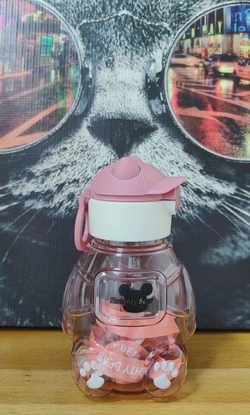 Ayıcıklı Matara Şeffaf Suluk, Okul, Ofis, Seyahat PEMBE RENK - 3