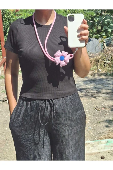 TÜM KILIFLARA UYUMLU PEMBE ÇİÇEKLİ TELEFON BOYUN ASKISI - Resim 2