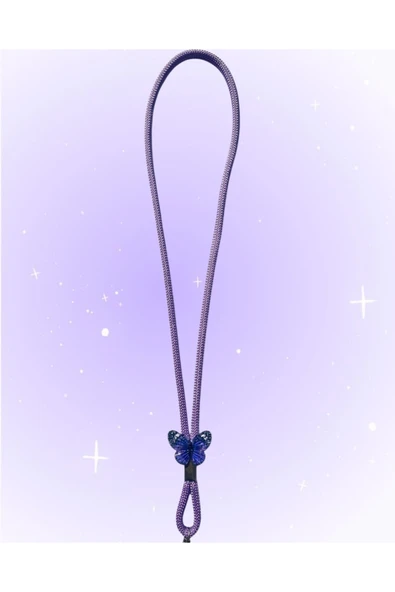 Tüm Kılıflara Uyumlu Mor Kelebek Aksesuarlı Boyun Telefon Askısı - Resim 2