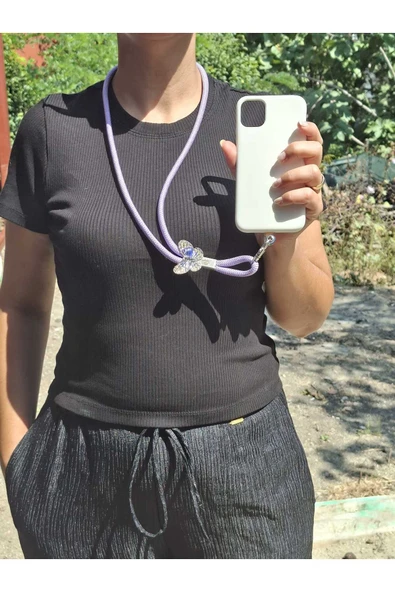 TÜM KILIFLARA UYUMLU LİLA KELEBEK TELEFON BOYUN ASKISI - Resim 2