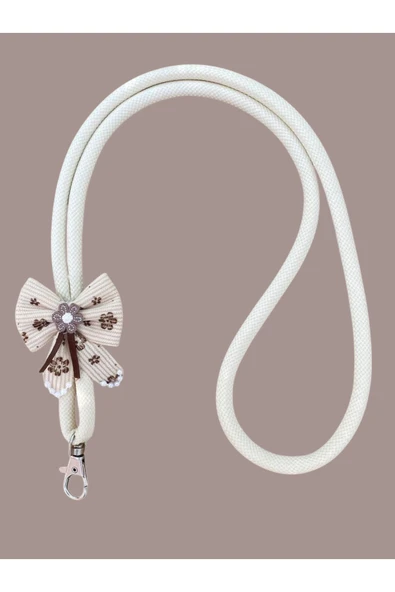 Tüm Kılıflara Uyumlu Ekru Kurdele Figürlü Boyun Telefon Askısı - Resim 2