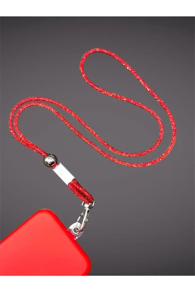 Tüm Kılıflara Uyumlu Kırmızı Taşlı Boyun Telefon Askısı - Resim 2