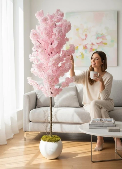 Yapay Ağaç Japon Kiraz Çiçeği Bahardalı Ağacı Beyaz Küre Saksıda Pembe Koyu Renkli 160cm - Resim 2