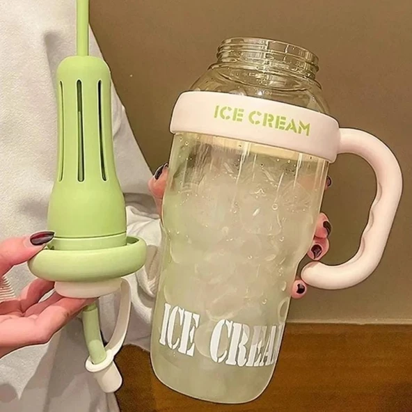 ICE CREAM Tasarımlı Pipetli Suluk 1.3 Litre Büyük Hacimli, Şeffaf Renkli Matara, Sızdırmaz Kapak
