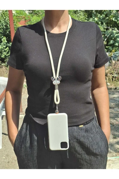 TÜM KILIFLARA UYUMLU EKRU KELEBEK TELEFON BOYUN ASKISI ürün görseli