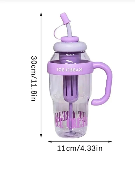 ICE CREAM Tasarımlı Pipetli Suluk 1.3 Litre Büyük Hacimli, Şeffaf Renkli Matara, Sızdırmaz Kapak - 3