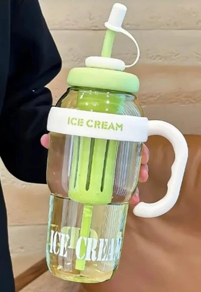 ICE CREAM Tasarımlı Pipetli Suluk 1.3 Litre Büyük Hacimli, Şeffaf Renkli Matara, Sızdırmaz Kapak - 2