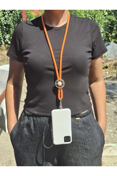 TÜM KILIFLARA UYUMLU TURUNCU İNCİLİ TELEFON BOYUN ASKISI ürün görseli