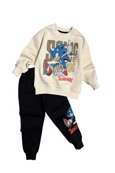 Sonic Desenli Krem Renk Erkek Çocuk Eşofman Takım - 4