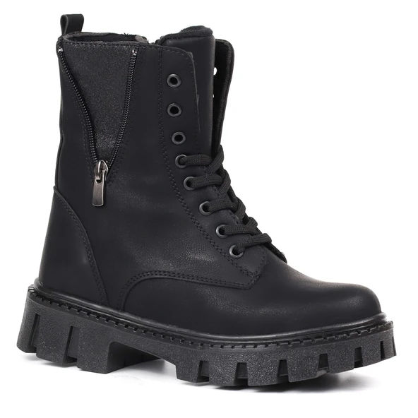 Kadın Siyah Nubuk Fermuar Detaylı Postal Bot – Kalın Taban Fermuarlı Bağcıklı Rahat Günlük Şık ve Dayanıklı - Resim 3
