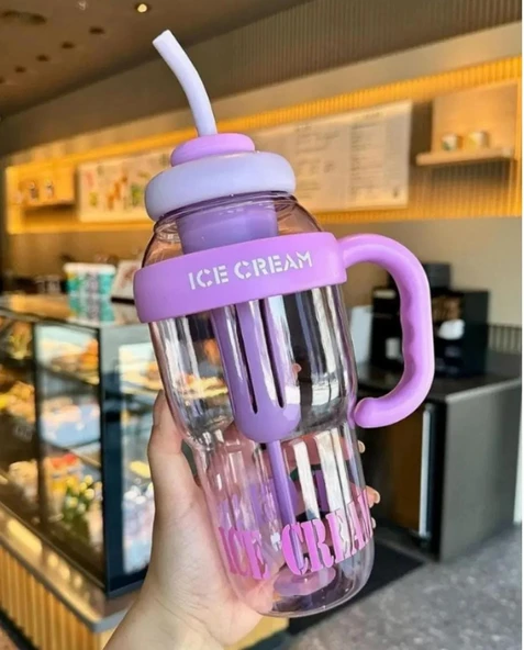 ICE CREAM Tasarımlı Pipetli Suluk 1.3 Litre Büyük Hacimli, Şeffaf Renkli Matara, Sızdırmaz Kapak - 2