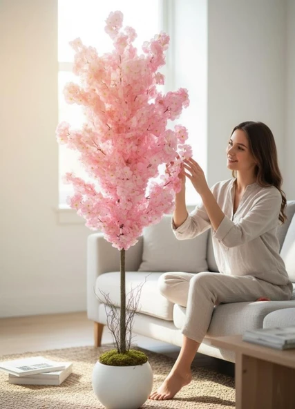 Yapay Ağaç Japon Kiraz Çiçeği Bahardalı Ağacı Beyaz Küre Saksıda Pembe Koyu Renkli 160cm - Resim 8