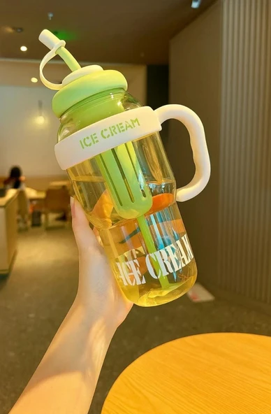 ICE CREAM Tasarımlı Pipetli Suluk 1.3 Litre Büyük Hacimli, Şeffaf Renkli Matara, Sızdırmaz Kapak - 3