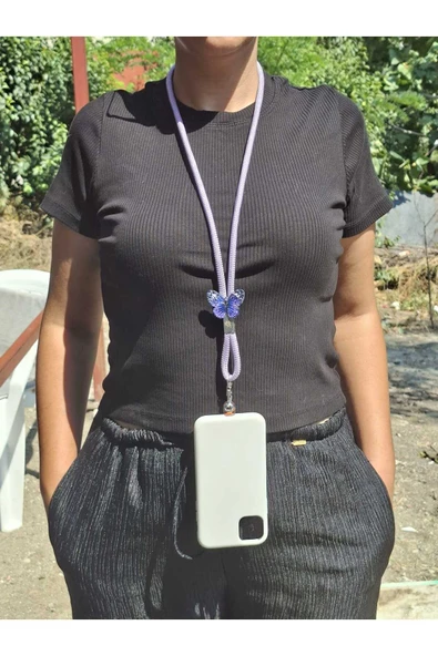TÜM KILIFLARA UYUMLU LİLA KELEBEK TELEFON BOYUN ASKISI ürün görseli