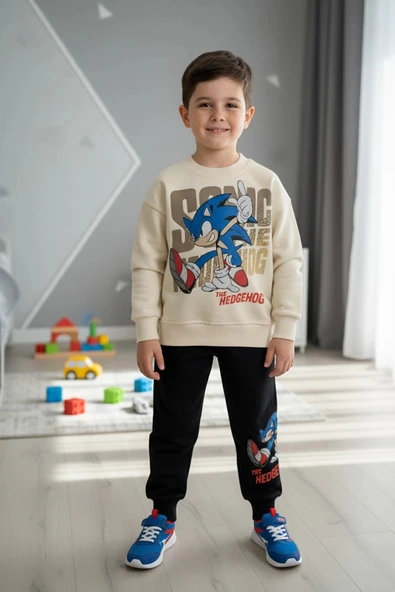 Sonic Desenli Krem Renk Erkek Çocuk Eşofman Takım - 1