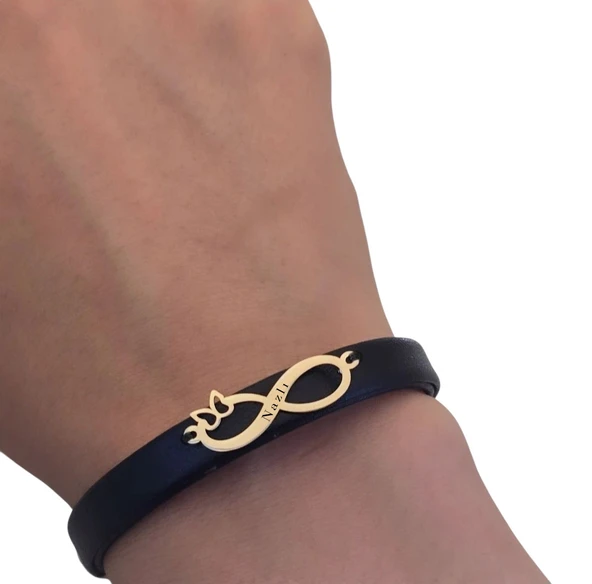 14 Ayar Altın Plakalı İsme Özel Sonsuzluk ve Kelebek Motifli Doğal Siyah Derili Hediye Bileklik-562 - Resim 3