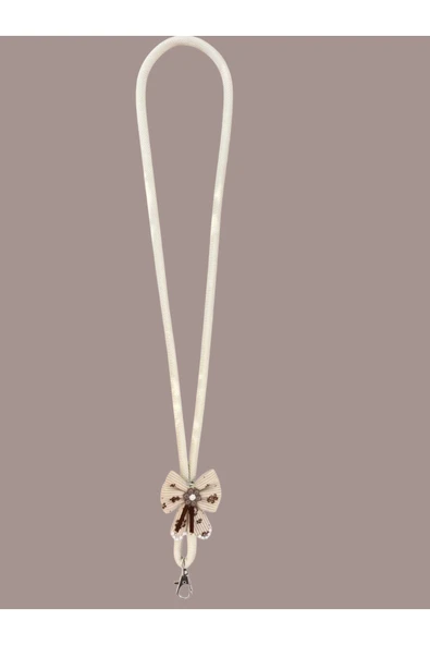 Tüm Kılıflara Uyumlu Ekru Kurdele Figürlü Boyun Telefon Askısı - Resim 4