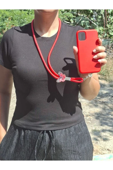 TÜM KILIFLARLA UYUMLU KIRMIZI KELEBEKLİ TELEFON BOYUN ASKISI - Resim 2