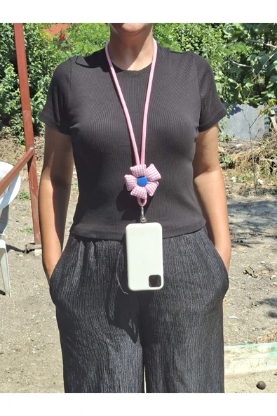 TÜM KILIFLARA UYUMLU PEMBE ÇİÇEKLİ TELEFON BOYUN ASKISI ürün görseli