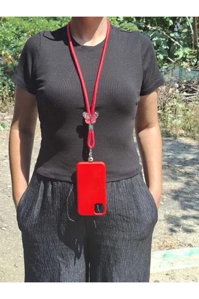 TÜM KILIFLARLA UYUMLU KIRMIZI KELEBEKLİ TELEFON BOYUN ASKISI ürün görseli