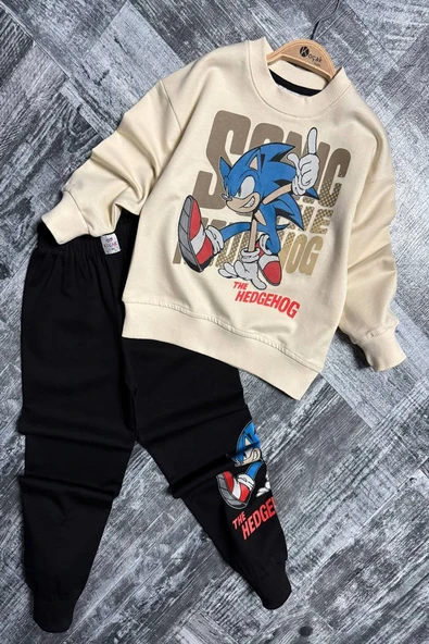 Sonic Desenli Krem Renk Erkek Çocuk Eşofman Takım - 5