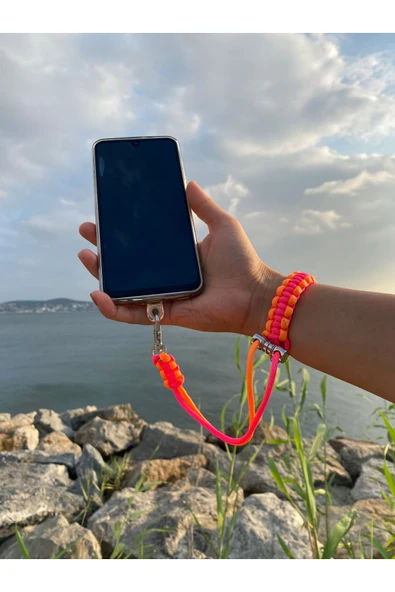 Tüm Kılıflara Uyumlu Turuncu-Pembe El Telefon Askısı - Resim 2