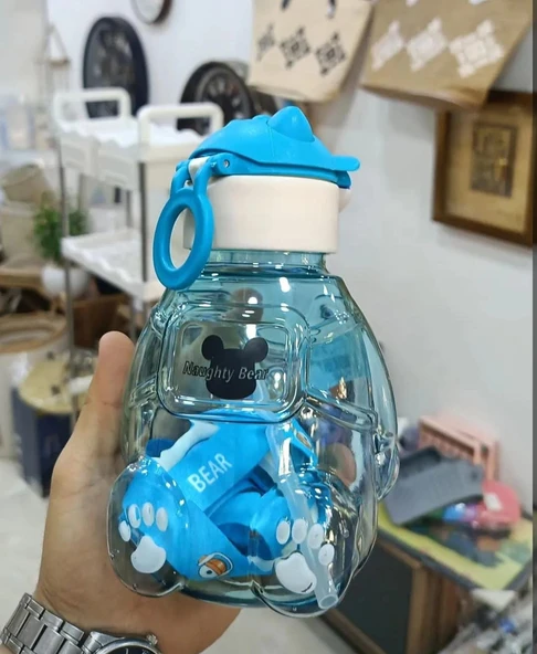 Ayıcıklı Matara Şeffaf Suluk, Okul, Ofis, Seyahat MAVİ RENK - 2