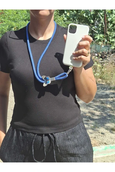TÜM KILIFLARA UYUMLU MAVİ KELEBEK TELEFON BOYUN ASKISI - Resim 2