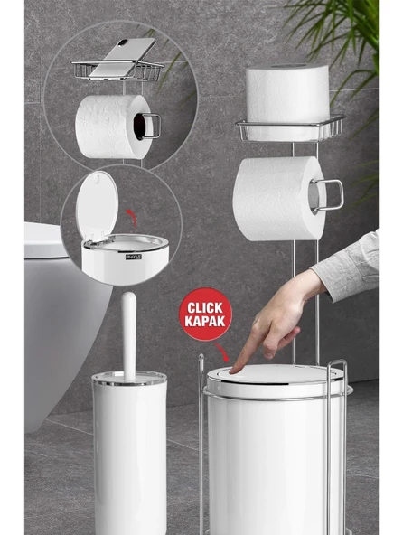 Okyanus Home Krom Yedekli Wc Kağıtlık - Yuvarlak Beyaz Çöp Kovası ve WC Fırça Seti - 1