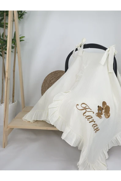 gros shop Müslin Yeni Doğan 4Katlı Organik %100Pamuk Kişiye Özgü Nakışlı Hastane Çıkış Seti (Ayıcık Model-6) - 2