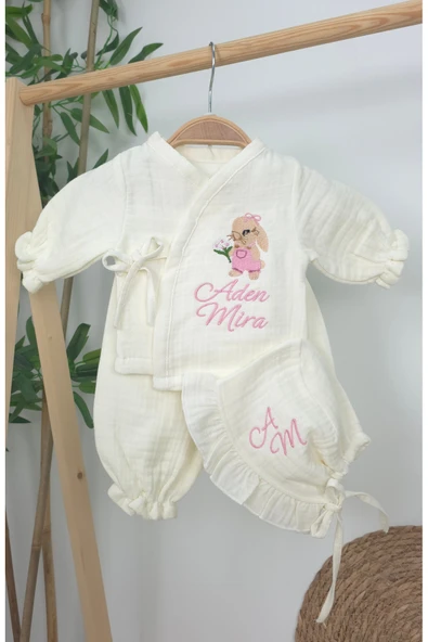 gros shop Müslin Yeni Doğan 4Katlı Organik %100Pamuk Kişiye Özgü Nakışlı Hastane Çıkış Seti (Tavşan Modell-2) - Resim 2