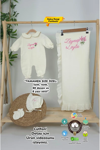 gros shop Müslin Yeni Doğan 4Katlı Organik %100Pamuk Kişiye Özgü Nakışlı Hastane Çıkış Seti (Lavanta Model-2) ürün görseli