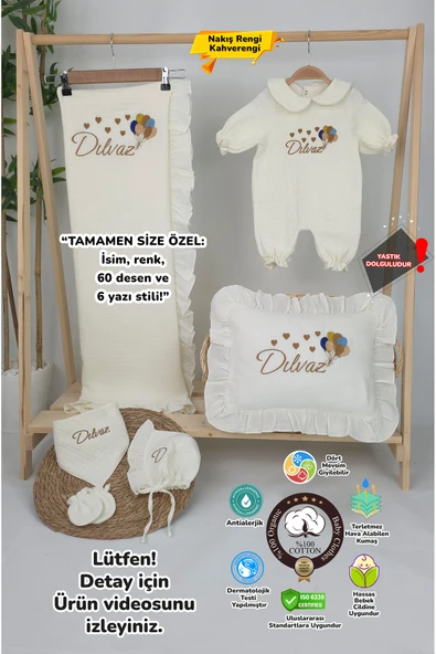 gros shop Müslin Yeni Doğan 4Katlı Organik %100Pamuk Kişiye Özgü Nakışlı Hastane Çıkış Seti (Çoklu Balon) ürün görseli