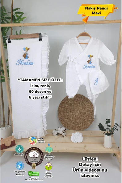 gros shop Müslin Yeni Doğan 4Katlı Organik %100Pamuk Kişiye Özgü Nakışlı Hastane Çıkış Seti-Ayıcık Model - 1