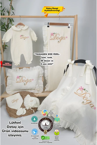 gros shop Müslin Yeni Doğan 4Katlı Organik %100Pamuk Kişiye Özgü Nakışlı Hastane Çıkış Seti(Çiçekli Model-1) ürün görseli