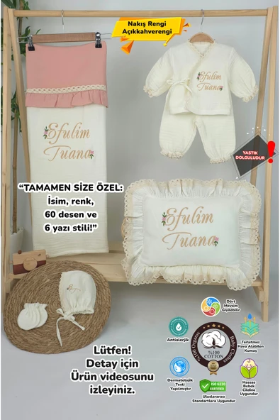 gros shop Müslin Yeni Doğan 4Katlı Organik %100Pamuk Kişiye Özgü Nakışlı Hastane Çıkış Seti (Papatya Model-6) ürün görseli